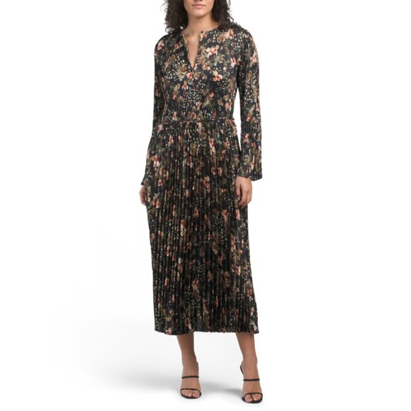 VINCE Black Orchid Vine Pleated Long Sleeve Dress